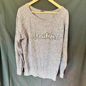 Torrid Sweater Size 2 (2X) Grey Marled Knit Sequin "Beautiful" Graphic Pullover